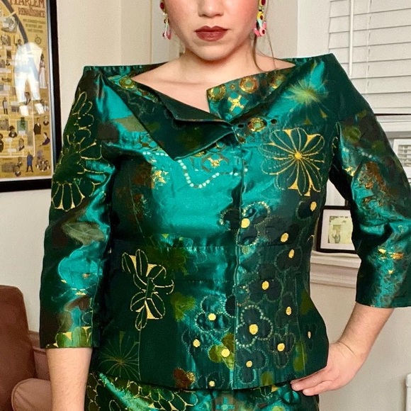 Lee Anderson Couture Two-Piece Floral Silk Brocade Skirt & Top Set - Picture 6 of 7